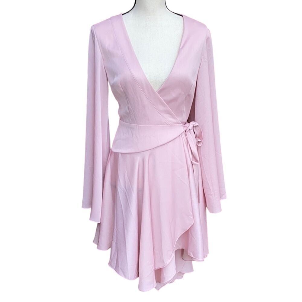 KEEPSAKE the Label Oceans LS Asymmetrical Hem Wrap Mini Dress Blush XS NWT